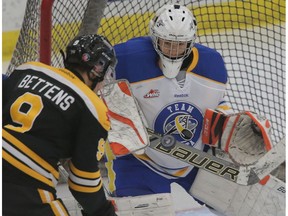 Team Alberta goalie Carl Stankowski makes a save against Team Manitoba in the gold medal game of the Western Canada U-16 Challenge Cup at WinSport in Calgary on Nov. 1, 2015. (File)