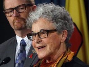 Leslie McBain whose son died following an opioid addiction talks to reporters at a news conference regarding the impact of opioid overdose on Parliament Hill, in Ottawa on Thursday, November 17, 2016. THE CANADIAN PRESS/Fred Chartrand ORG XMIT: FXC106