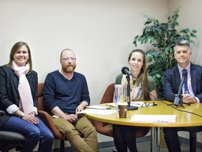 Confluence podcast hosts Trevor Howell and Annalise Klingbeil are flanked by Elise Bieche, president of the Highland Park Community Association and Mac Logan, general manager of transportation for the City of Calgary, during a taping of Episode 3.