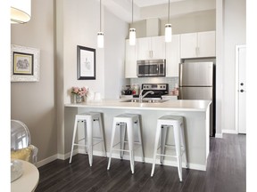 The kitchen in the 601.1.1 show suite at Sandgate by Hopewell Residential.