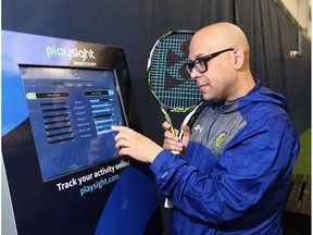 Danny Da Costa, general manager of the Alberta Tennis Centre in southeast Calgary, demonstrates new technology on Wednesday, May 10, 2017. The remote camera/app based program allows users to monitor every aspect of their tennis game, and download nearly every statistic imaginable. (Jim Wells)