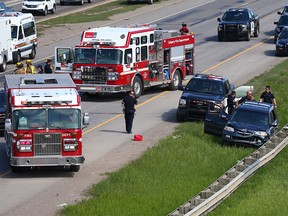 Accident scene on Deerfoot Trail where two first responders were injured Monday afternoon.