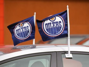 Edmonton Oiler flags have begun appearing throughout the city as the Edmonton Oilers hockey club prepares to enter the Stanley Cup playoffs. (PHOTO BY LARRY WONG/POSTMEDIA)