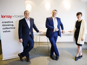 Eric and Dedre Toker surround Louis T. Lemay, the CEO of Lemay, on the launch of newly merged design firm Lemay + Toker.