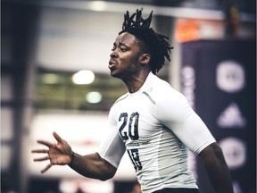 Carleton University Ravens defensive back and kick returner Tunde Adeleke sprints to the fastest time of 4.58 seconds in the 40-yard dash at the CFL Draft Combine in Regina on March 25- 2017. (File)