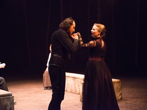 Haysam Kadri as Macbeth and Anna Cummer's Lady Macbeth in Macbeth playing at Vertigo Theatre.