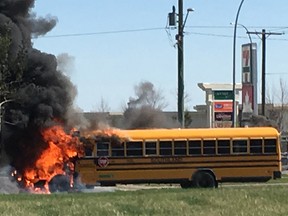 School bus fire at Harvest Hills Blvd and 96 Ave NE. No injuries reported.Photo by Alisha Henderson