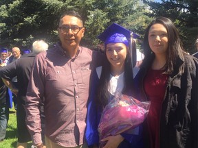 Tieja Medicine Crane stands beside her father and sister at her graduation from Catholic Central High. She had a feather blessing ceremony
for her graduation and wore it proudly on the tassle of her graduation
cap.