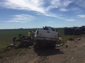 An RCMP photo of the aftermath of a crash between a pickup truck and a semi-truck in which two Taber teens were killed.