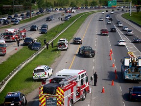 The scene Monday of a multi-car collision on Deerfoot Trail between 17th Avenue S.E. and Memorial Drive.