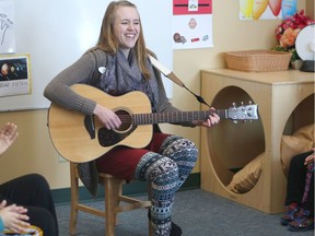 Kate Pereversoff, music therapist with JB Music Therapy, during a A music class at Renfrew Educational Services in Calgary.