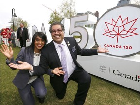 L-R, The Honourable Bardish Chagger, Minister of Small Business and Tourism and Calgary Mayor Naheed Nenshi pose during the unveiling of the Canada 150 3D public art installation at Princes Island Park on Thursday May 11, 2017. DARREN MAKOWICHUK/Postmedia Network