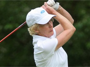 Marilyn O'Connor tees off during the final round of the Alberta Senior Ladies Championship at the Silver Springs Golf and Country Club on July 29, 2010.