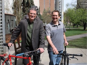 Matt Grace and Andrej Simjanov, partners at Mission Green Buildings, with their chosen method of transport to their Olympic Plaza office.