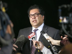 FILE PHOTO: Mayor Naheed Nenshi speaks to media on the Green Line Plan and Coun. Ward Sutherland's gesture towards Coun. Druh Farrell during a public council meeting last week at City Hall in Calgary on Monday May 15, 2017. DARREN MAKOWICHUK/Postmedia Network