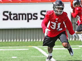 Defensive back Tunde Adeleke takes part in the Calgary Stampeders rookie camp on May 25, 2017.