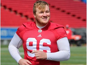 Defensive lineman Randy Colling takes part in the Calgary Stampeders rookie camp on Thursday May 25, 2017.
