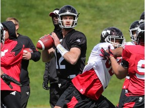 Quarterback Ricky Stanza lines up a throw during a drill at the Calgary Stampeders rookie camp on Thursday May 25, 2017.