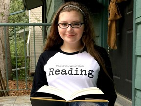 13-year-old Maddy Bell sells clothing with book-related slogans, like "you had me at Once Upon A Time" and "I'm a Fictionista," to raise money for the Alberta Children's Hospital Foundation. Supplied photo