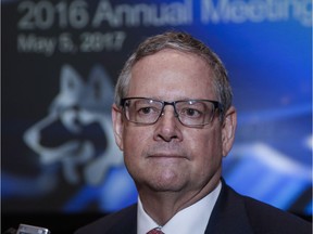 Husky Energy president and CEO Robert Peabody speaks to reporters following the company's annual meeting in Calgary, on May 5, 2017.