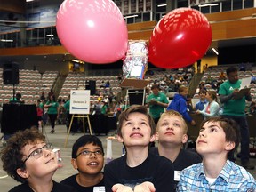 Grade 6 Students from Glenmore Christian Academy work on their Penguin Egg Throw project as Grade 1 to 12 students from Calgary and surrounding areas competed in the 2017 APEGA Science Olympics at Winsport arena on Saturday May 27, 2017. DARREN MAKOWICHUK/Postmedia Network