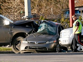 Calgary police investigate a serious car collision on 68 St. and Applewood Dr. S.E. leaving a women with life-threatening injuries and shutting down the traffic in the area for several hours on Thursday, May 4, 2017.