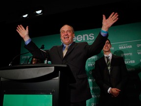 B.C. Green party leader Andrew Weaver speaks to supporters at election headquarters at the Delta Ocean Pointe on election night in Victoria, B.C., on , Wednesday, May 10, 2017.