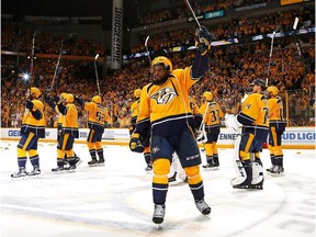 P.K.Subban #76 of the Nashville Predators raises his stick to thanks the fans after a 3-1 Predator victory over the St. Louis Blues in Game Six of the Western Conference Second Round during the 2017 NHL Stanley Cup Playoffs  at Bridgestone Arena on May 7, 2017 in Nashville, Tennessee.