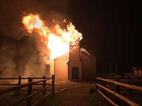 The McDougall Memorial Church, built in 1875 by Rev. George McDougall and situated off Highway 1A about two kilometres east of Morley, goes up in flames in the early hours of Monday, May 22, 2017.