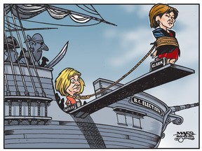 UPLOADED BY: Malcolm Mayes ::: EMAIL: mmayes:: PHONE: 780-288-3542 ::: CREDIT: Malolm Mayes ::: CAPTION: For Edmonton Journal use only.   Rachel Notley's fortunes in Alberta tied to Christy Clark and B.C. Election. (Cartoon by Malcolm Mayes)