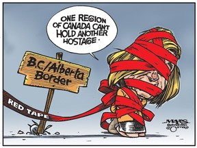 UPLOADED BY: Malcolm Mayes ::: EMAIL: mmayes:: PHONE: 780-288-3542 ::: CREDIT: Malcolm Mayes ::: CAPTION: Rachel Notley claims that one region of Canada cannot hold another hostage. (Cartoon by Malcolm Mayes)
