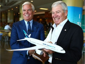 WestJet Airlines' president Gregg Saretsky, left and chairman Clive Beddoe, hold a model of a Boeing 787 Dreamliner following the company's annual meeting in Calgary on Tuesday.