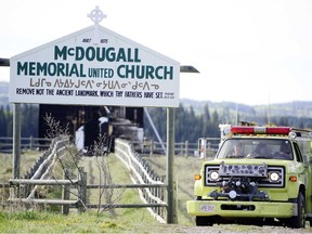 Fire crews from Exshaw were called to an early-morning fully-involved blaze at 3:57 A.M. at the historic McDougall Church in Rocky View County, Alta., on May 22, 2017.