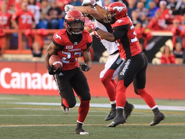 The Calgary Stampeders Tunde Adeleke runs in a touch down late in the second half during  CFL action against the Ottawa Redblacks at McMahon Stadium in Calgary on Thursday June 29, 2017. Gavin Young/Postmedia Network