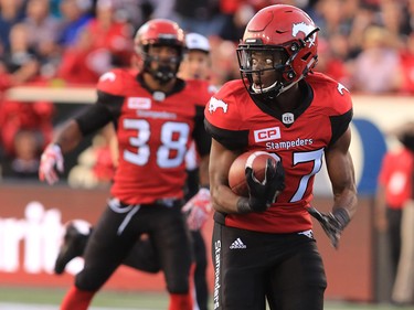 The Calgary Stampeders Tunde Adeleke runs in a touchdown late in the second half during  CFL action against the Ottawa Redblacks at McMahon Stadium in Calgary on Thursday June 29, 2017. Gavin Young/Postmedia Network