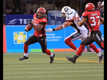 The Calgary Stampeders' Shaquille Richardson runs the ball out of the Ottawa Redblacks end zone during the second half of CFL action at McMahon Stadium in Calgary on Thursday June 29, 2017. Gavin Young/Postmedia Network