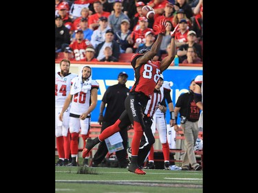 The Calgary Stampeders Kamar Jorden catches a long pass during the second half of CFL action against the Ottawa Redblacks at McMahon Stadium in Calgary on Thursday June 29, 2017. Gavin Young/Postmedia Network