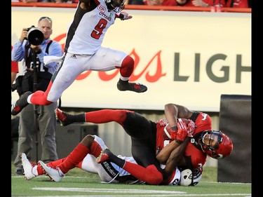 The Calgary Stampeders Kamar Jorden catches a long pass during the second half of CFL action against the Ottawa Redblacks at McMahon Stadium in Calgary on Thursday June 29, 2017. Gavin Young/Postmedia Network
