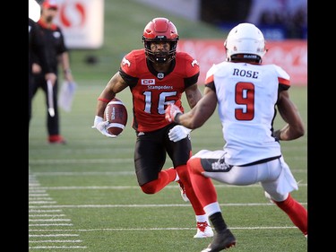 The Calgary Stampeders Marquay McDaniel runs the ball during the second half of CFL action against the Ottawa Redblacks at McMahon Stadium in Calgary on Thursday June 29, 2017. Gavin Young/Postmedia Network