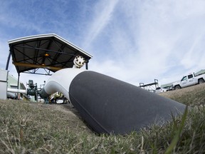 The main pipeline that feeds oil to British Columbia is seen at the Kinder Morgan Trans Mountain facility in Edmonton.