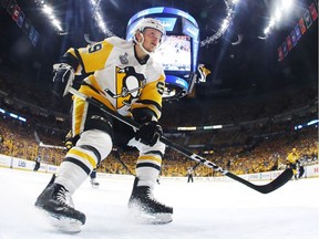 Pittsburgh Penguins forward Jake Guentzel skates in front of goal against the Nashville Predators during the first period of Game 4 of the 2017 NHL Stanley Cup Final at the Bridgestone Arena on June 5, 2017, in Nashville.