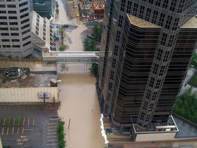 Rising water from the Bow River flooded downtown Calgary on June 21, 2013.