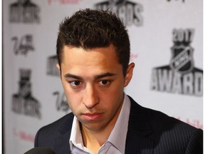 Johnny Gaudreau of the Calgary Flames is interviewed during media availability for the 2017 NHL Awards at Encore Las Vegas on June 20, 2017 in Las Vegas, Nevada.
