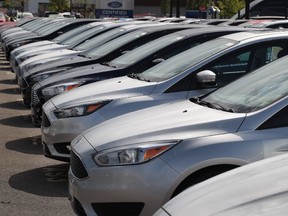 Ford Focus compact cars are offered for sale at a dealership on June 20, 2017 in Chicago, Illinois.