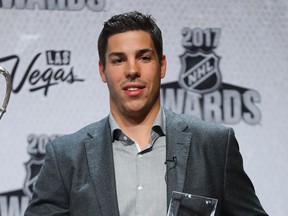 Travis Hamonic poses with the NHL Foundation Player Award during the 2017 NHL Humanitarian Awards at Encore Las Vegas on June 20, 2017 in Las Vegas, Nevada.