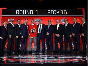 Juuso Valimaki poses for photos after being selected 16th overall by the Calgary Flames during the 2017 NHL Draft at the United Center on June 23, 2017 in Chicago, Illinois.
