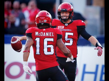 Calgary Stampeders quarterback Andrew Buckley celebrates after his touchdown against the Ottawa Redblacks during CFL football in Calgary. AL CHAREST/POSTMEDIA