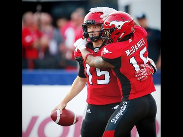 Calgary Stampeders quarterback Andrew Buckley celebrates after his touchdown against the Ottawa Redblacks during CFL football in Calgary. AL CHAREST/POSTMEDIA