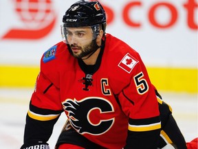 Calgary Flames Mark Giordano during the pre-game skate before facing the Anaheim Ducks in the 2017 Stanley Cup playoffs in Calgary, Alta.  on Monday April, 17, 2017.