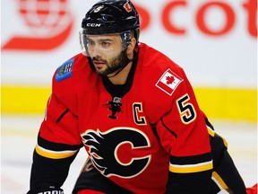 Calgary Flames Mark Giordano during the pre-game skate before facing the Anaheim Ducks in the 2017 Stanley Cup playoffs in Calgary, Alta.  on Monday April, 17, 2017.